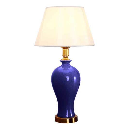 Blue Ceramic Oval Table Lamp with Gold Metal Base - Premium