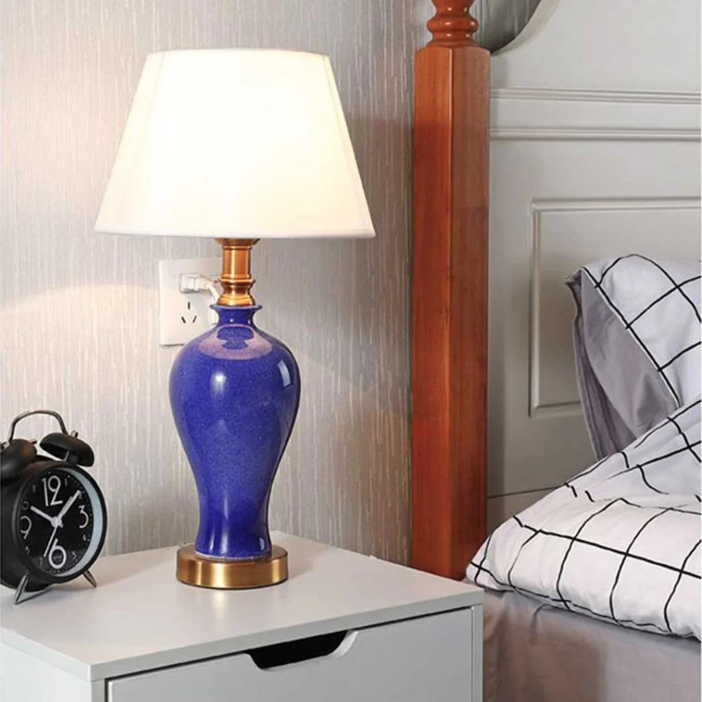 Blue Ceramic Oval Table Lamp with Gold Metal Base - Premium