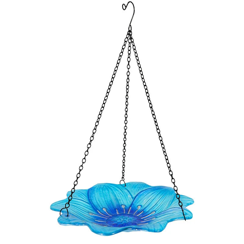 Blue Decorative Hanging Glass Flower Bird Bath - 10 Inch