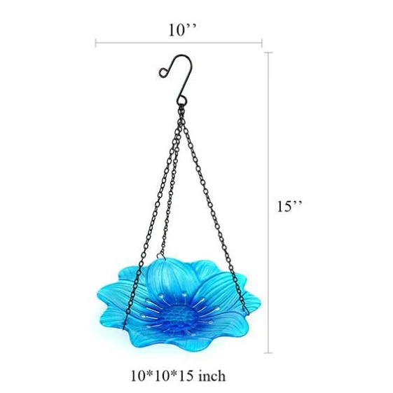 Blue Decorative Hanging Glass Flower Bird Bath - 10 Inch