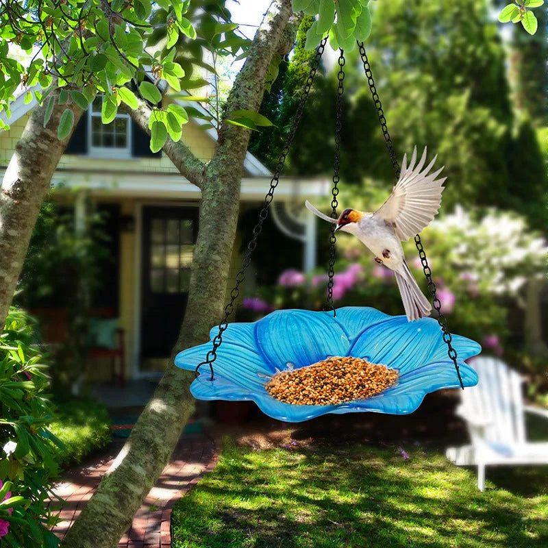 Blue Decorative Hanging Glass Flower Bird Bath - 10 Inch