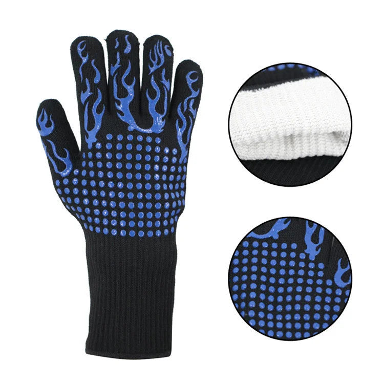 Blue Flame Pattern Extreme Heat Resistant BBQ Gloves
