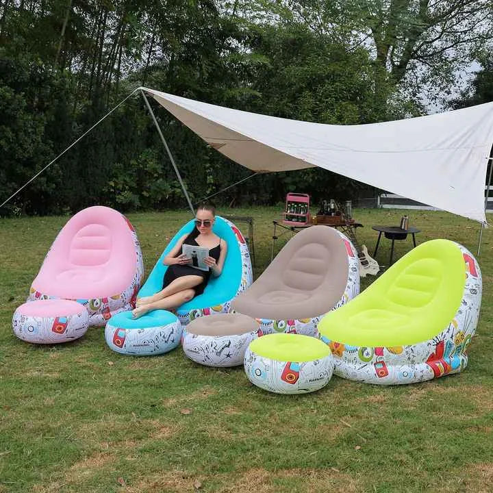 Blue Graffiti Portable Inflatable Sofa Chair with Ottoman
