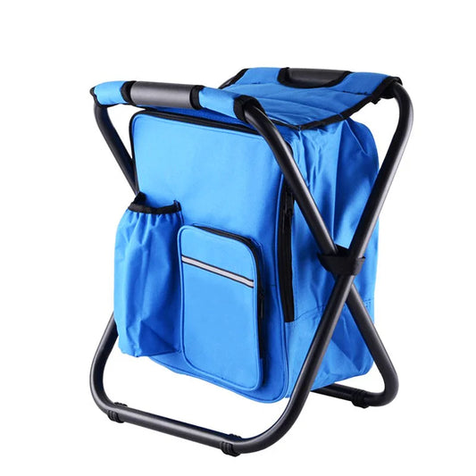 Blue Insulated Cooler Backpack Chair - Foldable Stool