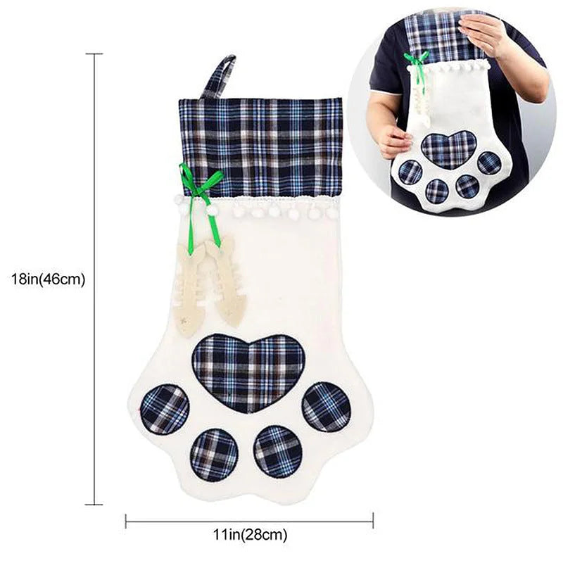 Blue Large Plaid Dog Paw Christmas Stocking - Festive
