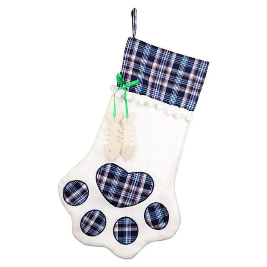 Blue Large Plaid Dog Paw Christmas Stocking - Festive