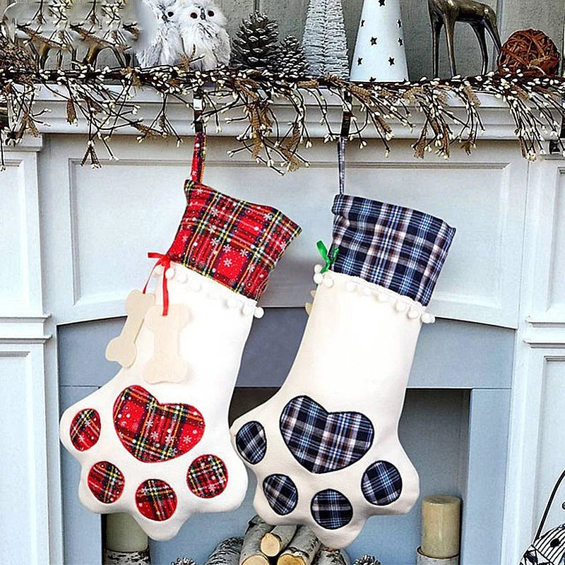 Blue Large Plaid Dog Paw Christmas Stocking - Festive