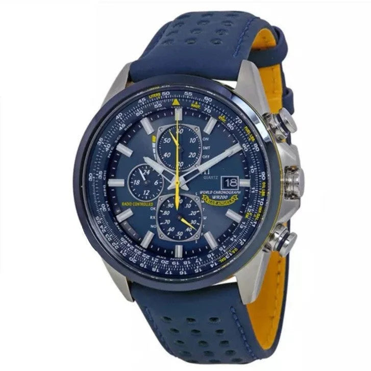 Blue leather strap Elegant Men s Quartz Chronograph