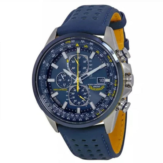 Blue leather strap Elegant Men s Quartz Chronograph