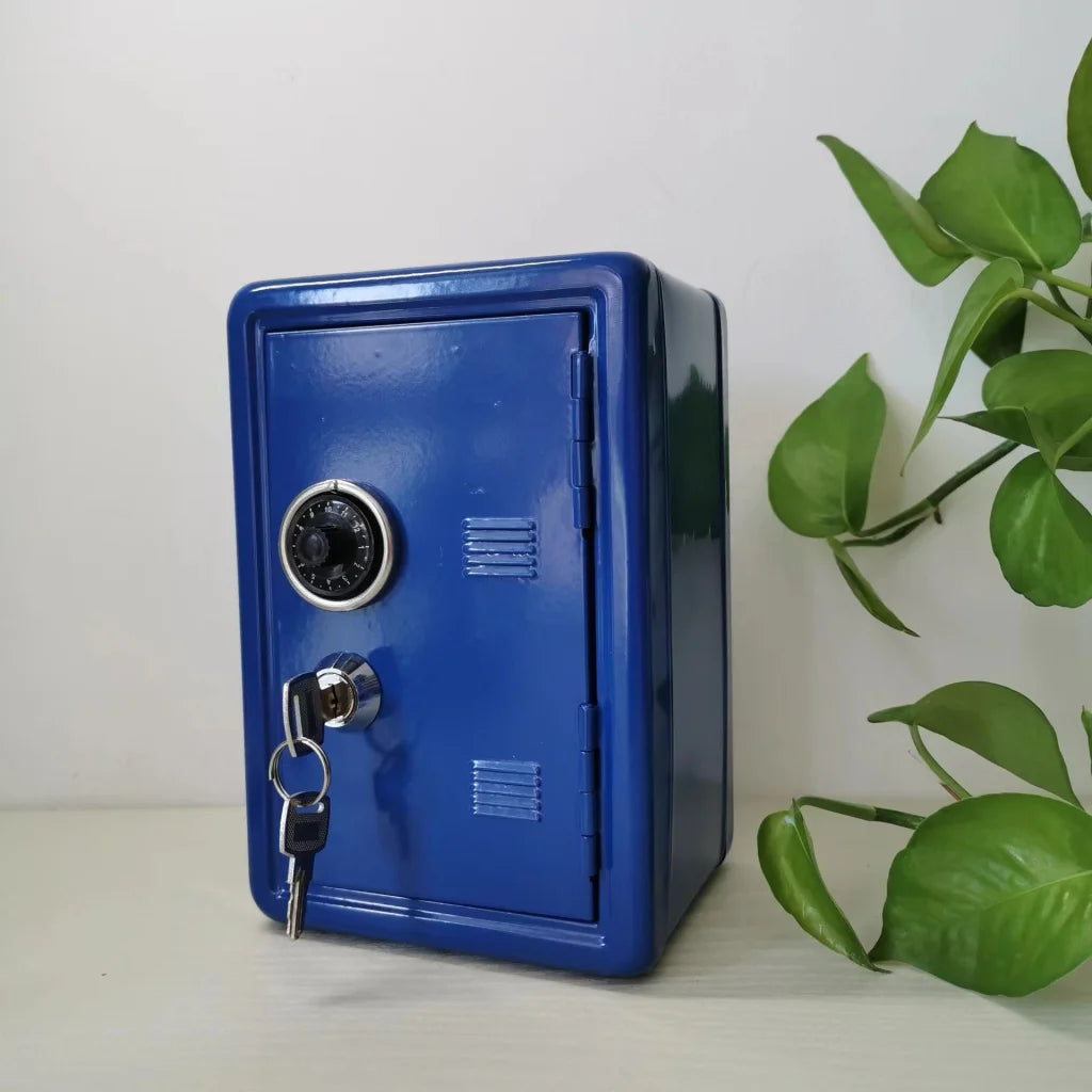 Blue Mini Metal Safe Box with Combination Lock and Key
