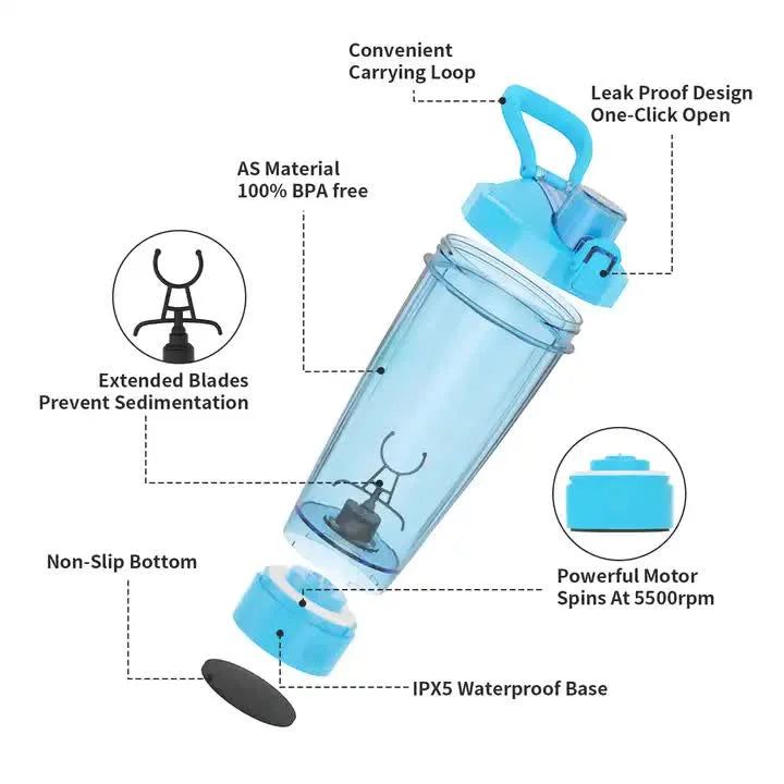 Blue Portable Electric Shaker Bottle with LED Light 550ml