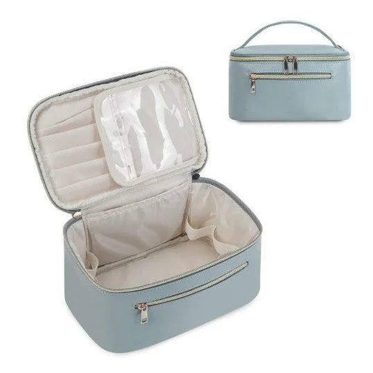 Blue PU Leather Large Capacity Makeup Bag - Waterproof &
