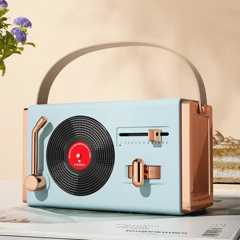 Blue Retro Record Player Style Bluetooth Speaker - Portable