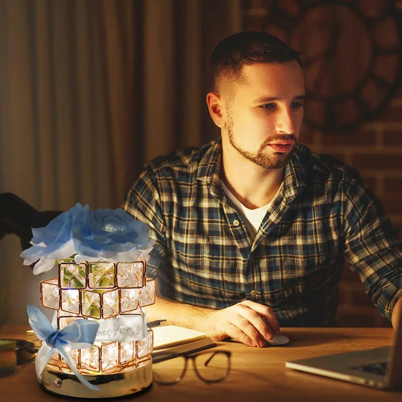 Blue Rose LED Crystal Flower Table Lamp - USB Rechargeable