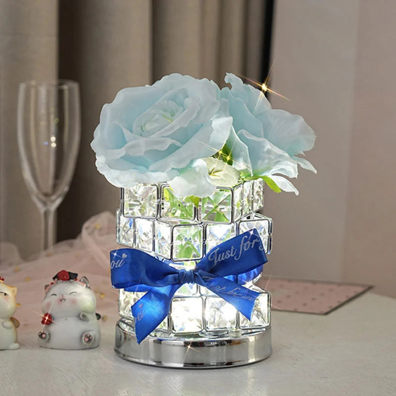 Blue Rose LED Crystal Flower Table Lamp - USB Rechargeable
