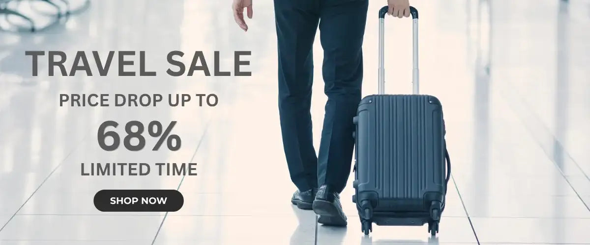 Person with a suitcase walking through an airport terminal during a travel sale promotion.