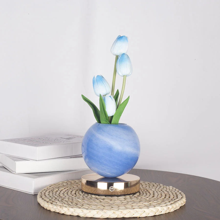 Blue Tulip Night Light with Realistic Bouquet - Dreamy