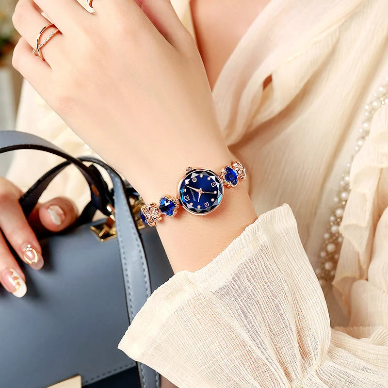 Blue Women’s Four-Leaf Clover Quartz Watch with Red Dial