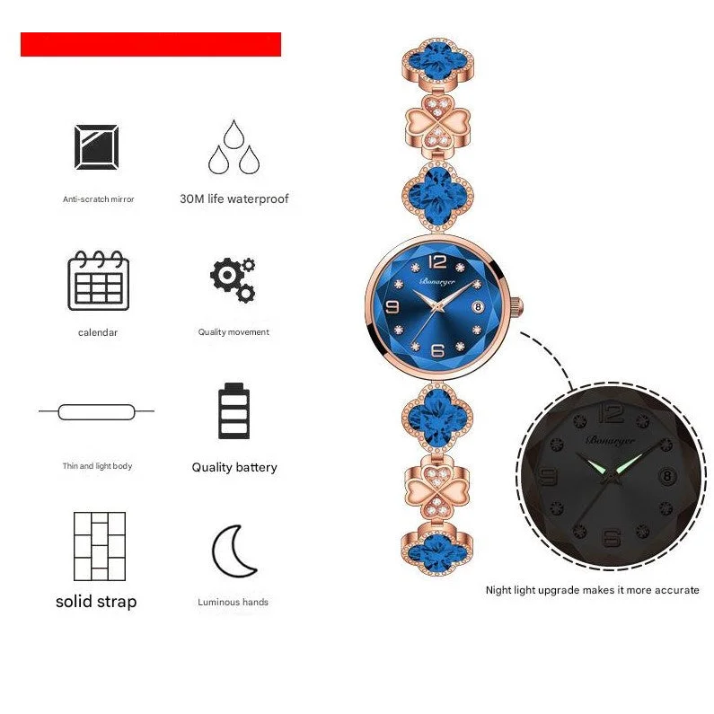 Blue Women’s Four-Leaf Clover Quartz Watch with Red Dial