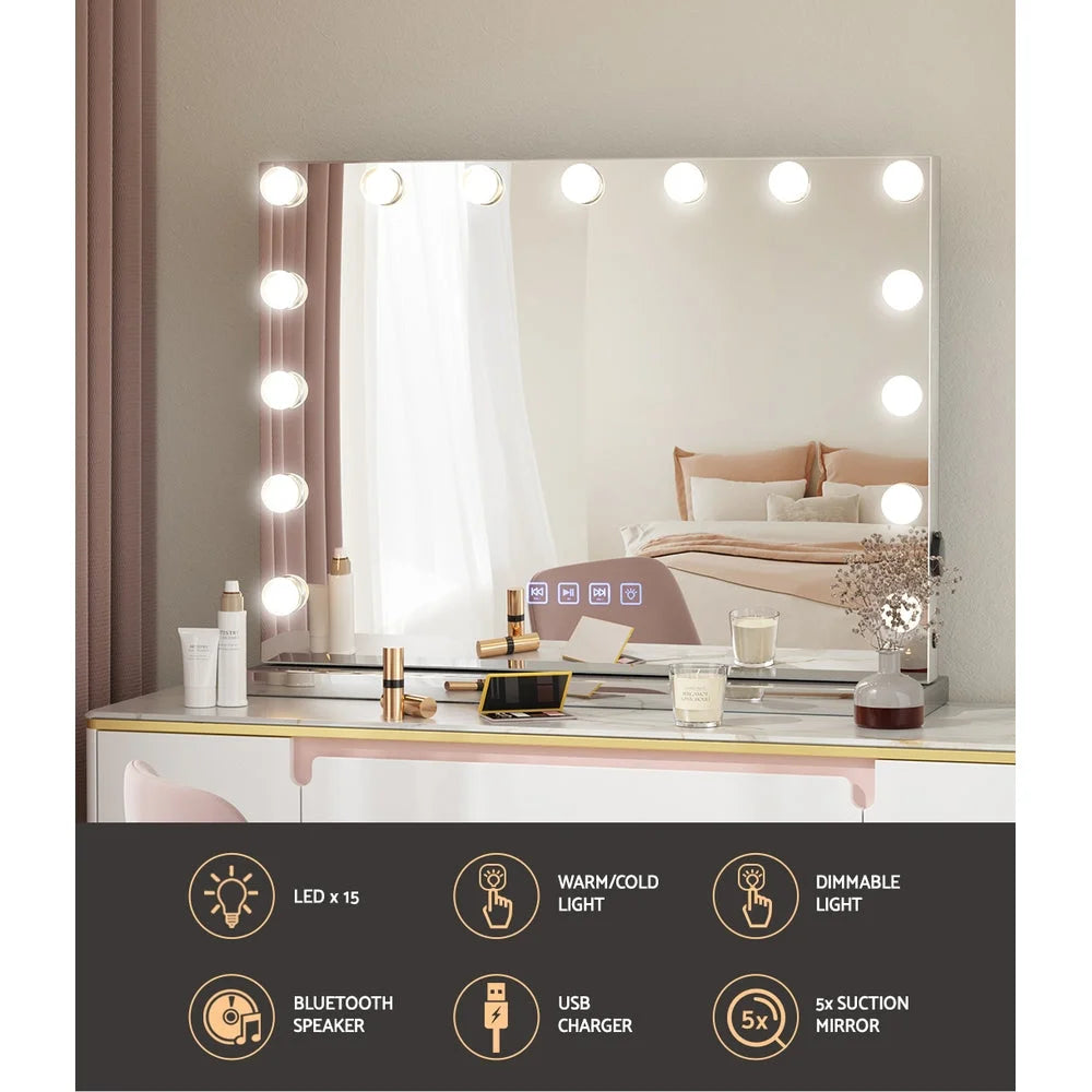 Makeup vanity table with LED bulb mirror and drawer handles