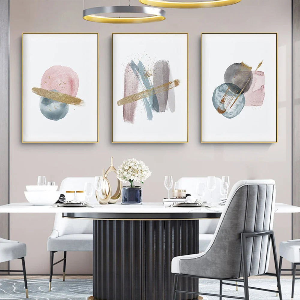 Blush Pink Watercolor 3 Sets Gold Frame Canvas Wall Art