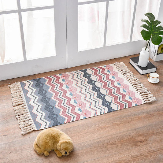 Bohemian Cotton Area Rug with Tassels - Geometric Pattern