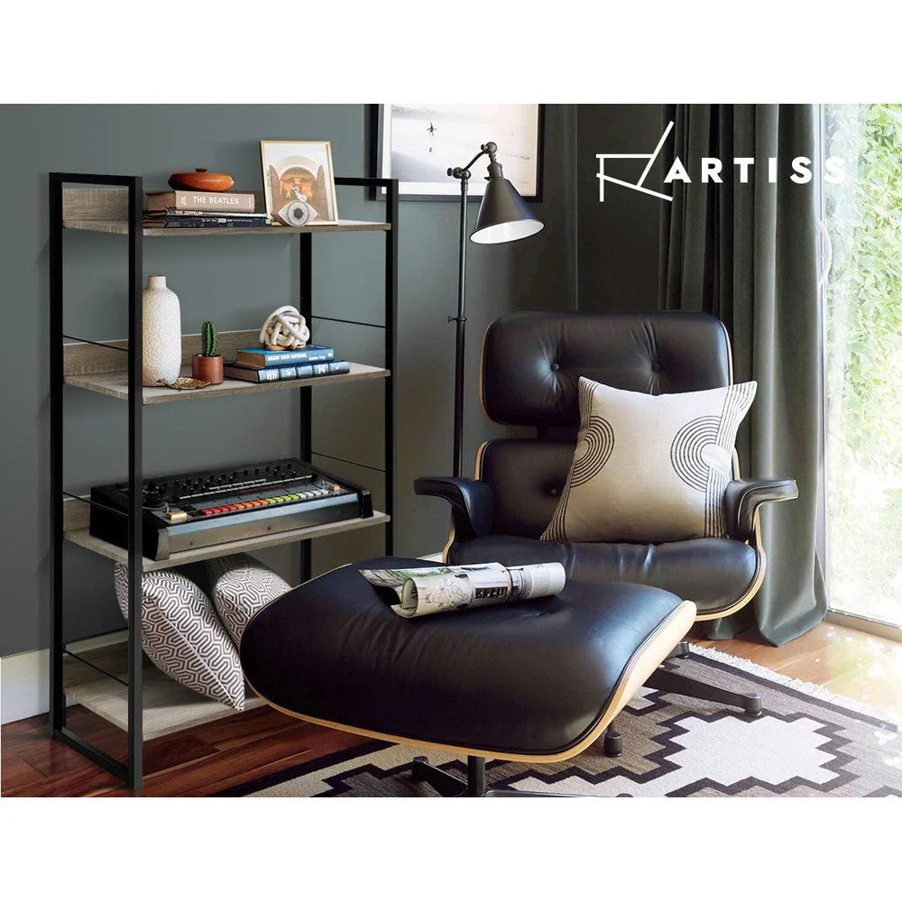 Wood book shelf display with caster wheels and side handle rail