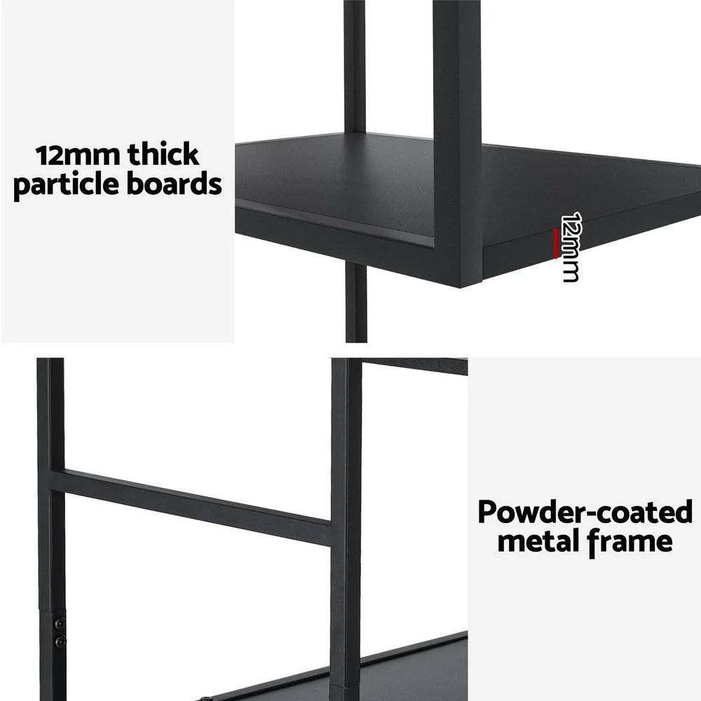 Black bookshelf with storage context and item proportions