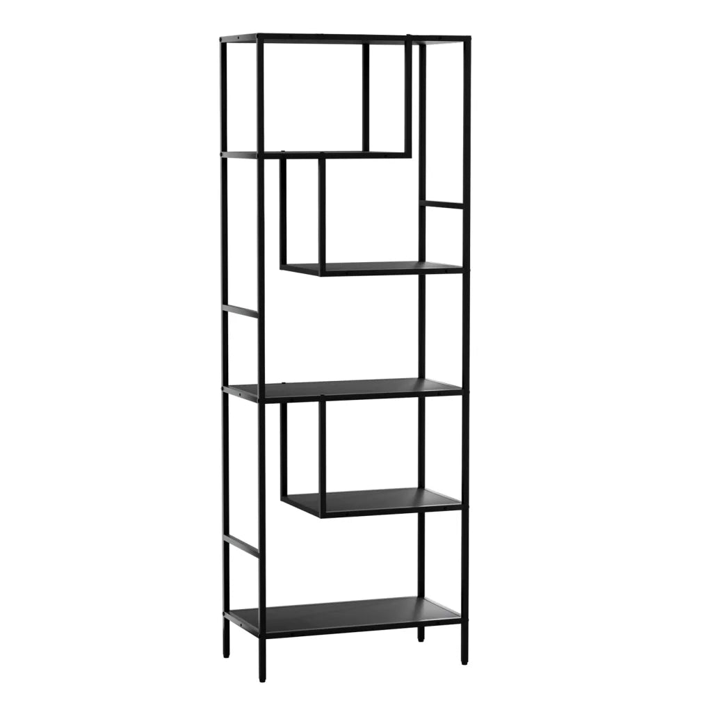 Black bookshelf with useful parts and product scale
