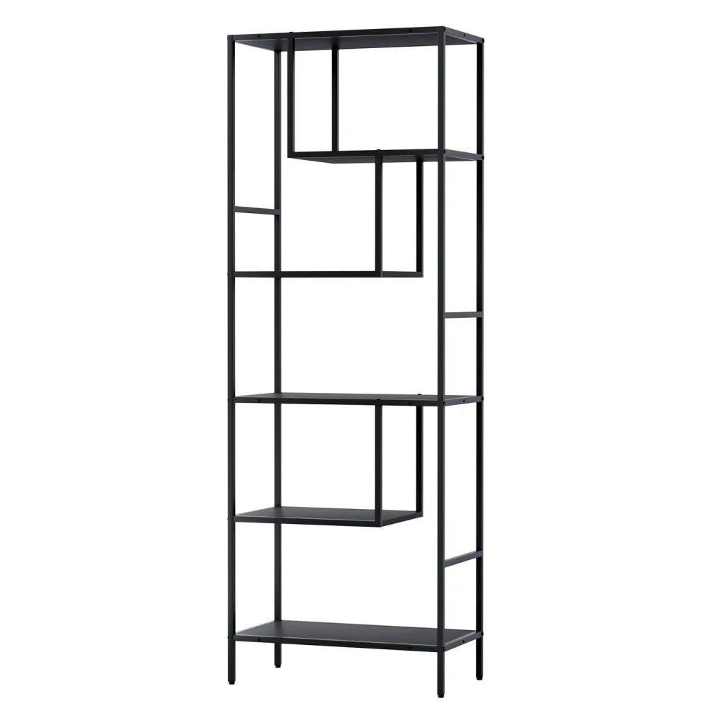 Black bookshelf with component details and storage context