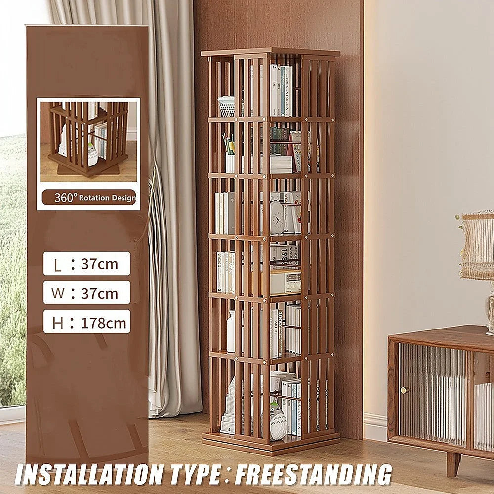 Bookshelf Bamboo 360 Rotating Storage Display Rack Dark