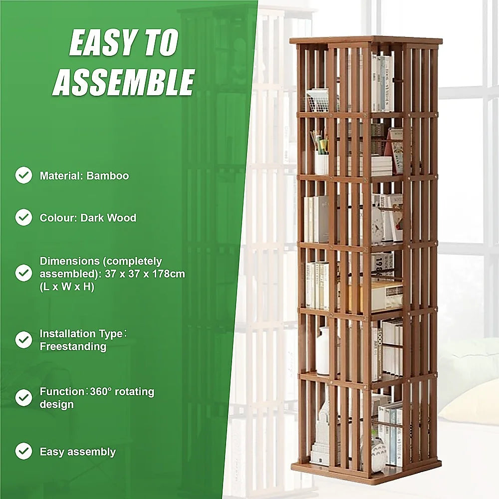 Bookshelf Bamboo 360 Rotating Storage Display Rack Dark
