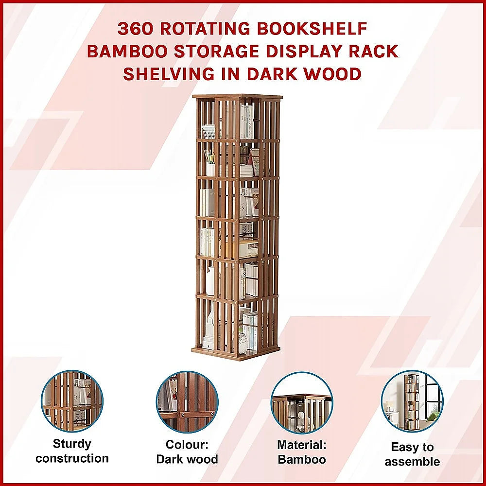 Bookshelf Bamboo 360 Rotating Storage Display Rack Dark