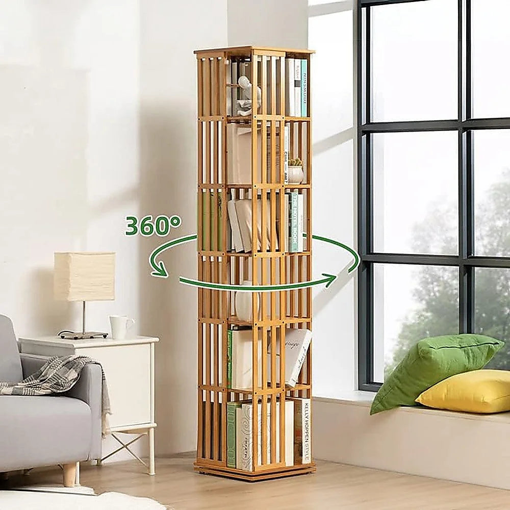 Bookshelf with rotating shelf tower and square compartments