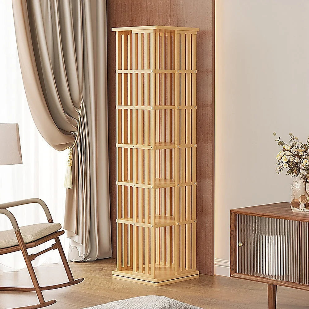 Bamboo bookshelf with rotating shelf tower and square compartments