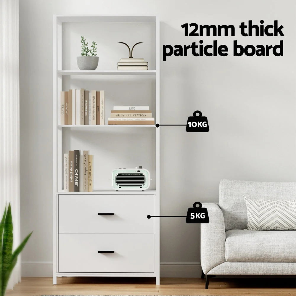 White 152cm bookshelf with storage cubbies and rounded shelf edges