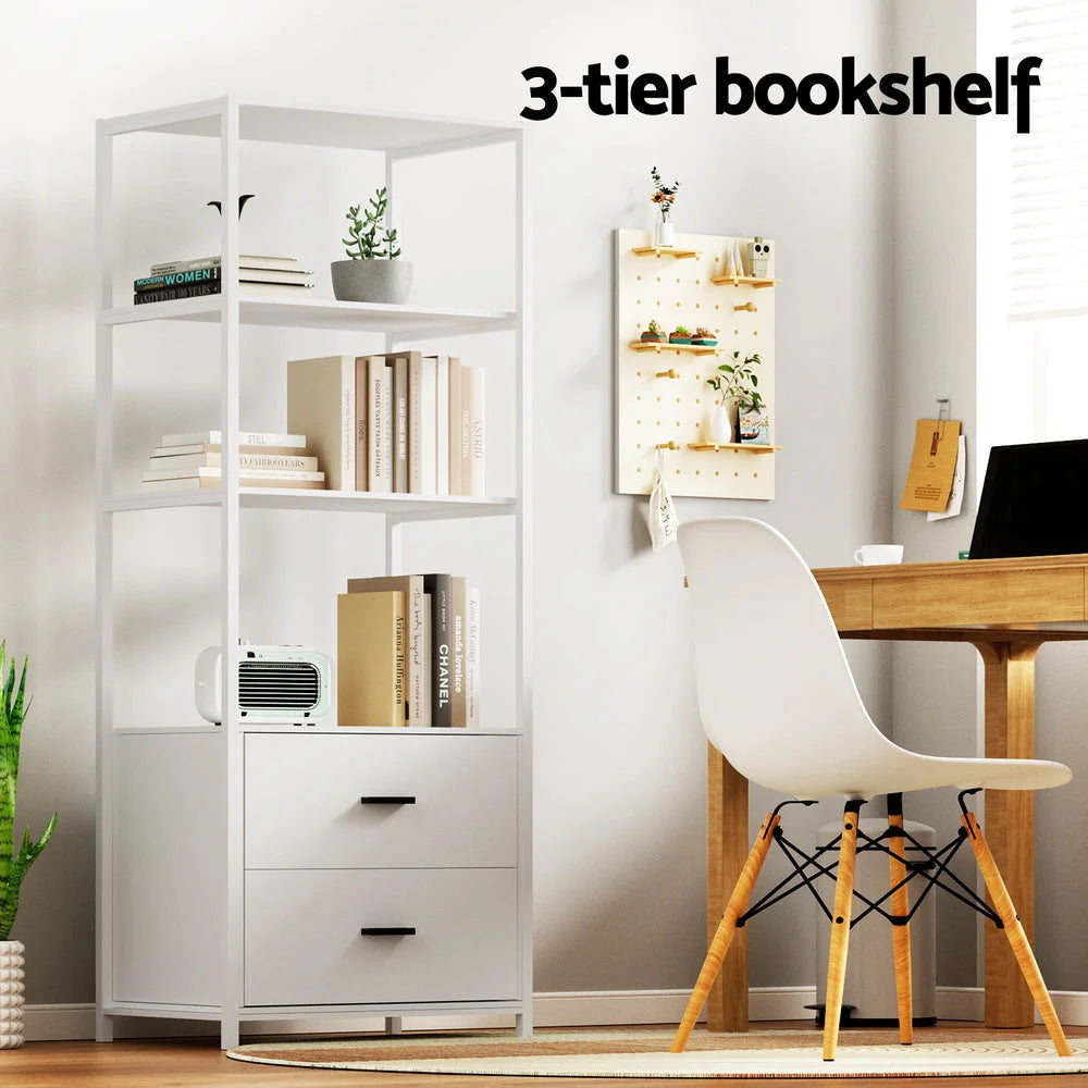 White 152cm bookshelf with rotating shelf tower and square compartments