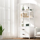 White 152cm bookshelf with display shelves and wooden upright frame