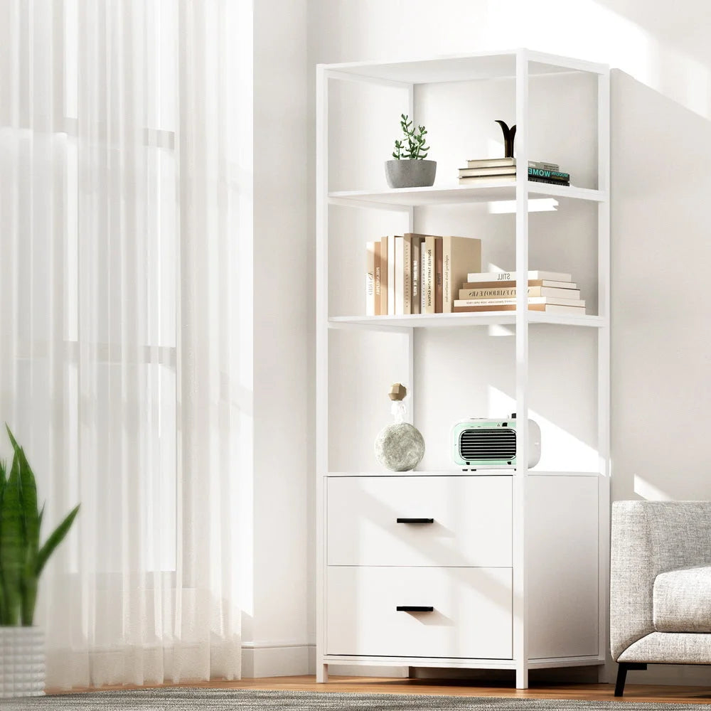 White 152cm bookshelf with display shelves and wooden upright frame