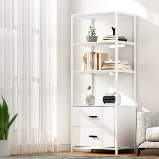 White 152cm bookshelf with display shelves and wooden upright frame