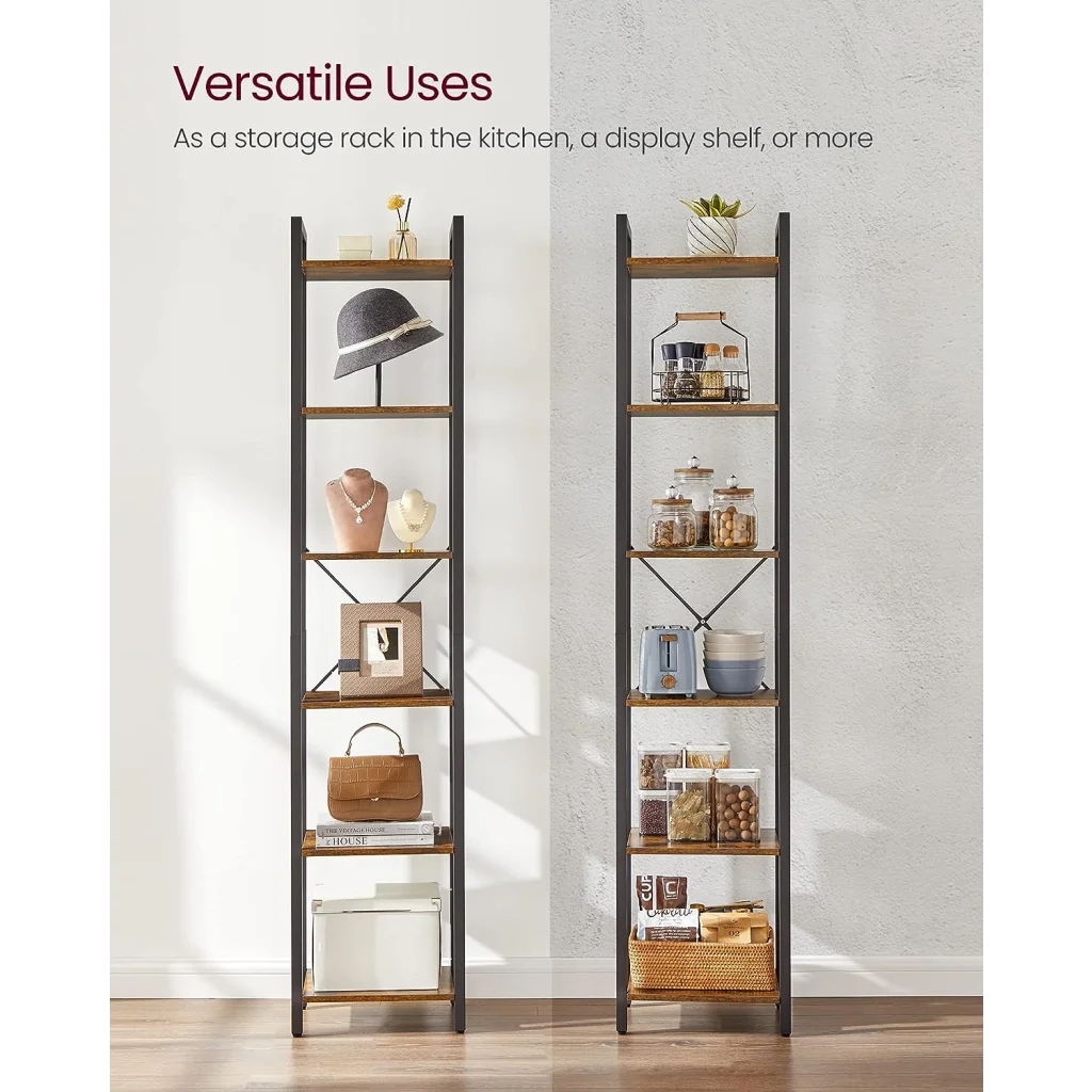 Bookshelf Small 6-Tier Industrial Rustic Brown Black