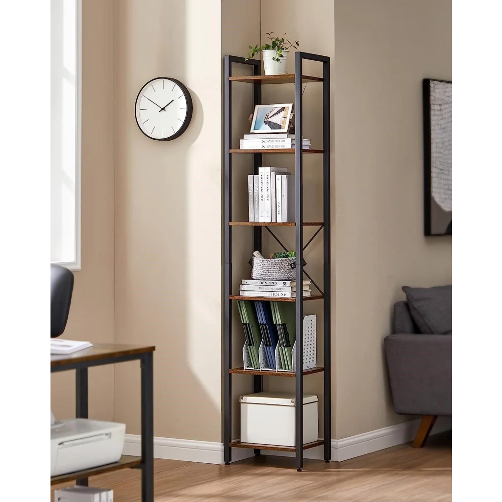 Bookshelf Small 6-Tier Industrial Rustic Brown Black