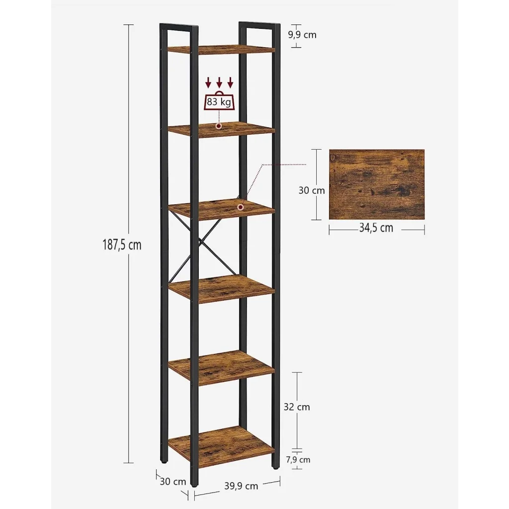 Bookshelf Small 6-Tier Industrial Rustic Brown Black
