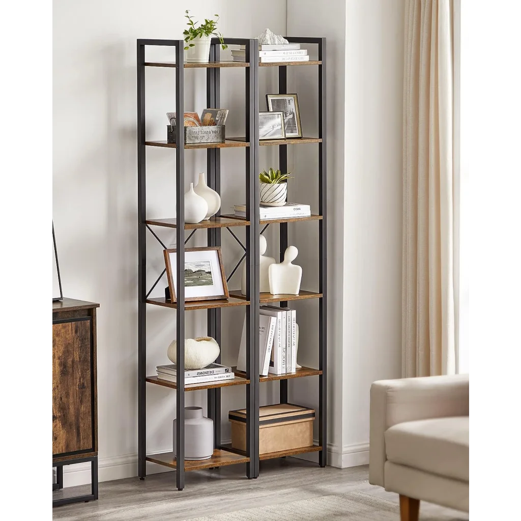 Bookshelf Small 6-Tier Industrial Rustic Brown Black
