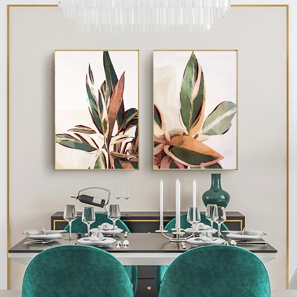Botanical Leaves Canvas Wall Art Set of 2 Gold Frame 50cm x