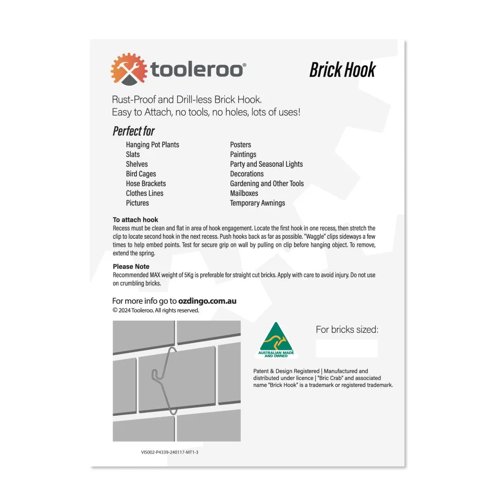 Brick Hooks 5 Pack 76mm (3’’) Wall Clips Hangers