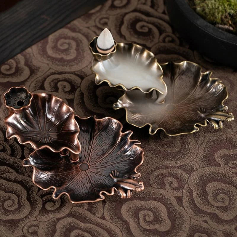 Bronze Lotus Leaf Inverted Incense Burner - Antique Indoor