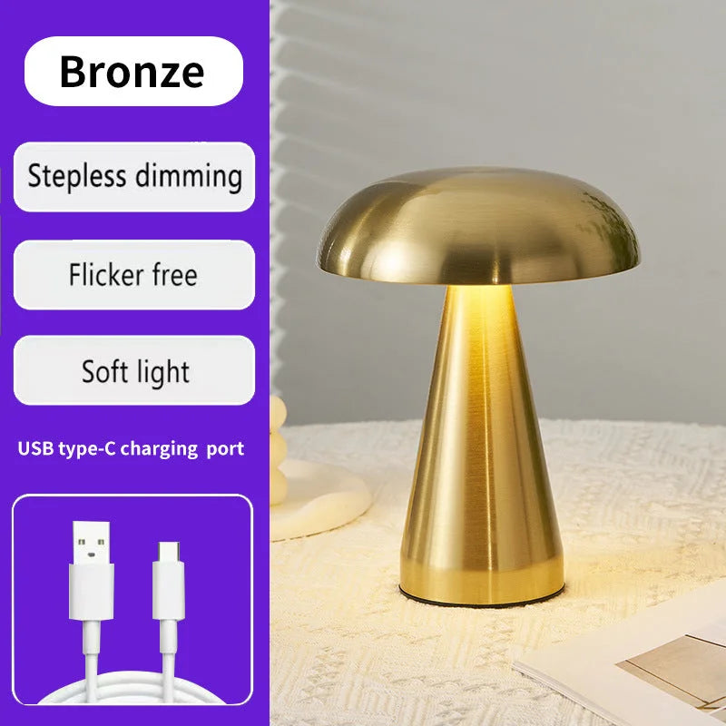 Bronze Metal Mushroom Table Lamp - Rechargeable Touch