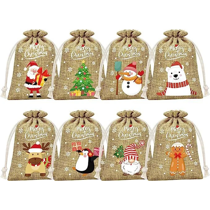 Brown Christmas Gift Drawstring Bags Set - Festive Burlap