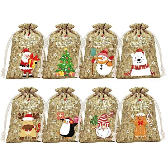 Brown Christmas Gift Drawstring Bags Set - Festive Burlap